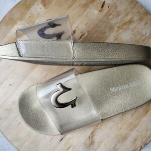 True Religion Gold Slide Sandals